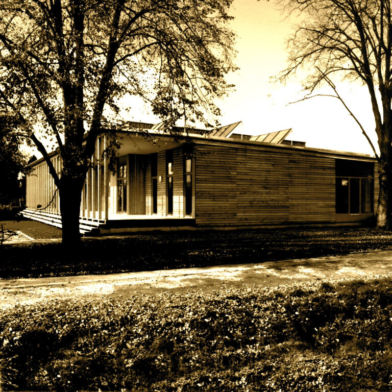 Ein modernes Kindergartengebäude mit Holzverkleidung, großen Fenstern und einem überdachten Eingangsbereich, umgeben von Bäumen und einer Grasfläche.