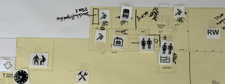 Detailierter Grundriss mit handschriftlichen Notizen und Symbolen